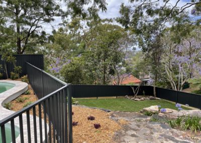 Powder Coated Aluminium Flat Top Pool Fencing and Colorbond Boundary Fencing with Treated Pine Sleeper Retaining