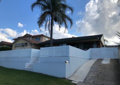 White Flat Top Timber Picket Front Fence and Driveway Gate